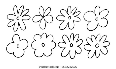 Set of vector flowers in playful style for decorating your design. Flower icons in doodle style