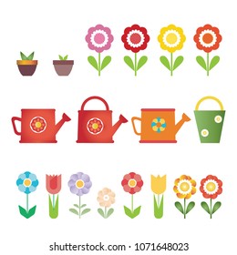 Set of vector flowers, pots and water cans, isolated on white background