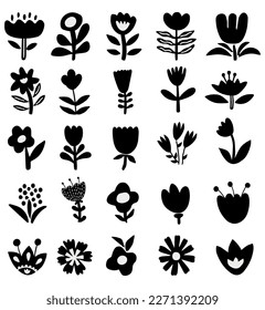 Set of vector flowers in retro style. Vector illustration.