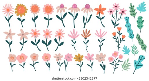 Conjunto de flores vectoriales.  Impresión artística primaveral con elementos botánicos. 