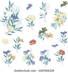 Set of vector flowers. Summer flowers, hand-drawn on a white background. For decoration, cards, fabrics, invitations, tiles. Vector illustration