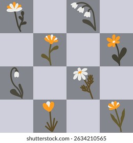 Set of vector flowers, white and orange flowers on gray squares  background. Could be used as seamless pattern, texture, print, wallpaper, card. 