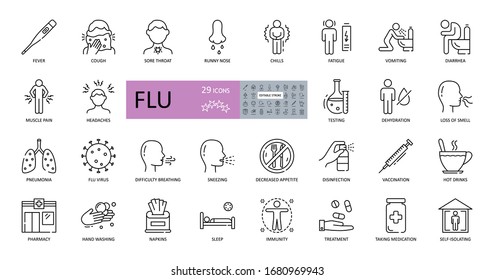 Set Of Vector Flu Icons With Editable Stroke. Symptoms, Treatment And Prevention Of Colds. Virus, Fever, Sneezing, Runny Nose, Fatigue, Headache, Muscle Pain, Pneumonia, Vomiting, Cough, Sore Throat