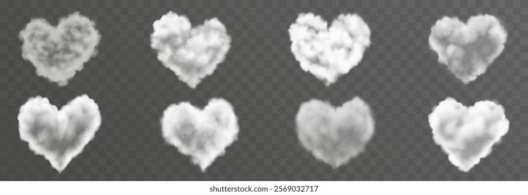 Set of vector fluffy heart cloud png. Realistic clouds, smoke or fog on an isolated transparent background.