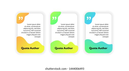 Set of vector fluid quote frame template. Modern colorful gradient shapes background with commas around place for text isolated on white. Design element for web, media, flyer, presentation.