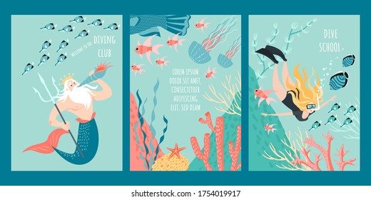 Set of vector flyer or banner templates for a diving club with a cute diver and a funny fairytale character surrounded by fish, algae and coral. Cartoon illustration in a flat style.