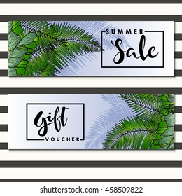 Set of vector flyer for summer sale and gift voucher Decorated with trendy exotic palm leaves. Square text border template. Hand drawn art.