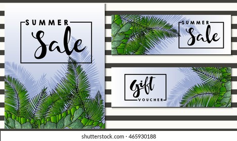Set of vector flyer for summer sale and gift voucher Decorated with trendy exotic palm leaves. Square text border template. Hand drawn art.