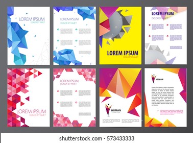 Set of vector flyers, brochures abstract design 2 sides, background, cover. Modern crystal, geometric, origami template, man logo