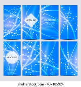 Set of vector flyers. Flyer, web, banner, card, vip, certificate, gift, voucher. Modern business stylish design. Molecule structure and communication on the blue background. 