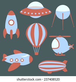 set of vector flying vehicles, colorful cartoon design elements