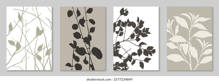 Set of vector foliage poster with watercolor texture for design interior, packaging, postcard, invitation, cover design. Abstract leaves and flowers, leaf branch. Earth tone colors Illustration.