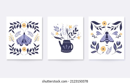 Set Of Vector Folk Art Flowers And Leaves, Floral Decor