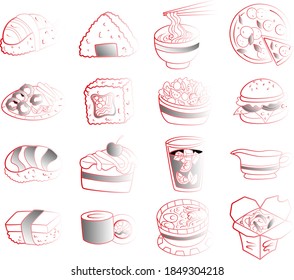 set of vector food and drink icons / doodle illustration / sushi, rolls, wok, dessert, lemonade, salad, burger, snacks