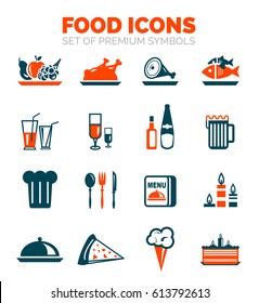 Set of vector food icons - fruits, meat, fish, beverages and other ideas