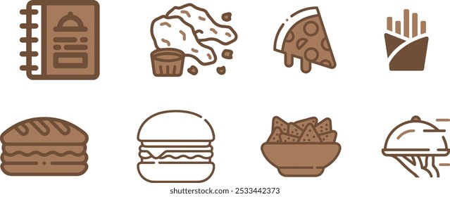 Set of vector food icons including pizza, burgers, fries, nachos, and menu items. Minimalist brown line art style, perfect for restaurant menus, fast food branding, and culinary design projects.