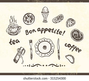 Set of vector food illustrations in retro style on white background