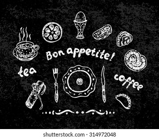 Set of vector food illustrations in vintage style on chalkboard. Black and white. Vector