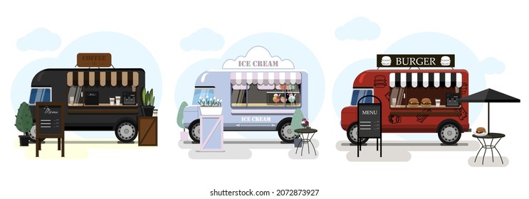 Set of vector food trucks with coffee, burlers and ice cream. Vector flat illustration of a fast food place on wheels with a striped awning and an advertising stand with a menu. Stylish retro