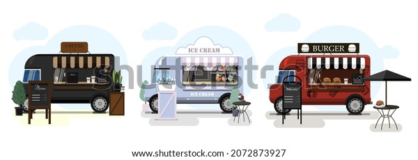 Set of vector food trucks with coffee, burlers and\
ice cream. Vector flat illustration of a fast food place on wheels\
with a striped awning and an advertising stand with a menu. Stylish\
retro