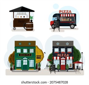 A Set Of Vector Food Trucks, Fast Food And Irish Pub. Cartoon Bar, Cart And Coffee House Icons. Flat Design Of Facades. Cliparts. Facade Of An Restaurant Parlor With A Summer Outdoor Terrace