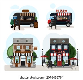 Un conjunto de camiones de comida vectorial, comida rápida y cafés. Pizza de dibujos animados café e íconos de la cafetería. Diseño plano de fachadas. Cliparts. Fachada de una sala de restaurante con terraza de verano