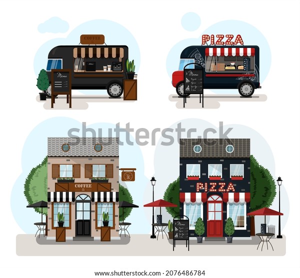A set\
of vector food trucks, fast food and cafes. Cartoon pizza cafe and\
coffee house icons. Flat design of facades. Cliparts. Facade of an\
restaurant parlor with a summer outdoor\
terrace