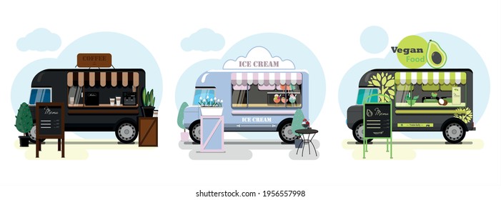 Set of vector food trucks with pizza, donuts and ice cream. Vector flat illustration of a fast food place on wheels with a striped awning and an advertising stand with a menu. Stylish retro