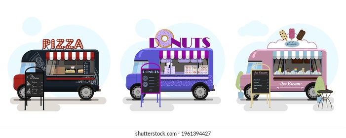 Conjunto de camiones vectoriales de comida con pizza, donuts y helados. Ilustración vectorial plana de una camioneta de comida rápida sobre ruedas con un toldo rayado y un atril publicitario con un menú. Retro elegante