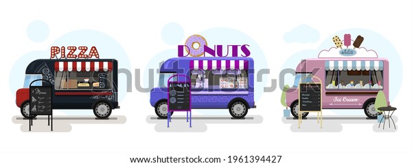 Set\
of vector food trucks with pizza, donuts and ice cream. Vector flat\
illustration of a fast food vans on wheels with a striped awning\
and an advertising stand with a menu. Stylish\
retro