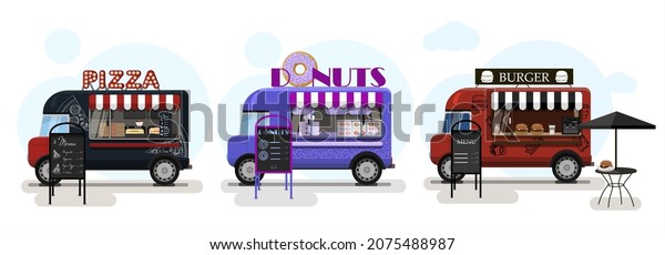 Set of vector food trucks with pizza, donuts\
and burgers. Vector flat illustration of a fast food vans on wheels\
with a striped awning and an advertising stand with a menu. Stylish\
retro illustration