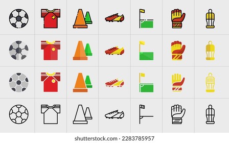 A set of vector football icons and logos with different styles, there are soccer jersey icons, soccer shoes, soccer training kits, goalkeeper gloves, in lineal styles and other icon styles.