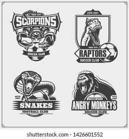 Set of vector football and soccer badges, labels and design elements. Sport club emblems with gorilla, cobra, raptor dinosaur and scorpion. Print design for t-shirts.