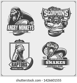 Set of vector football and soccer badges, labels and design elements. Sport club emblems with gorilla, cobra, raptor dinosaur and scorpion. Print design for t-shirts.
