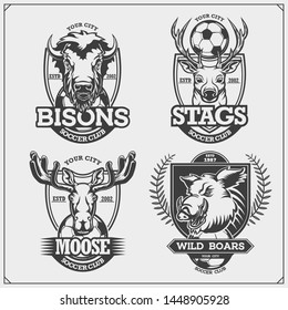 Set of vector football and soccer badges, labels and design elements. Sport club emblems with deer, bison, elk and wild boar. Print design for t-shirts.