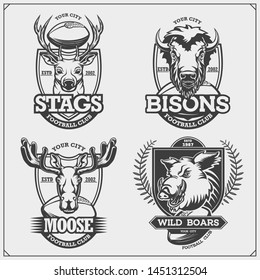 Set of vector football and soccer badges, labels and design elements. Sport club emblems with deer, bison, elk and wild boar. Print design for t-shirts.