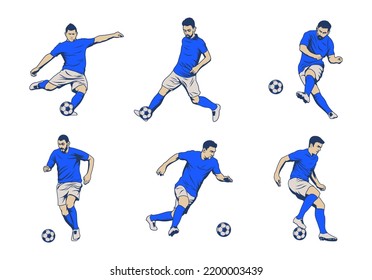 A set of vector set of football, soccer players. Soccer players illustration collection. football players kick and dribble.