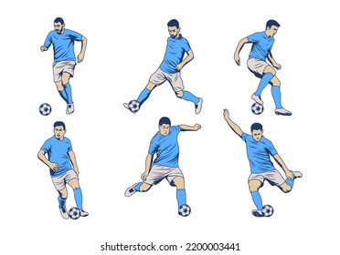 A set of vector set of football, soccer players. Soccer players illustration collection. football players kick and dribble.