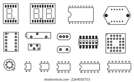 A set of vector footprint (seating) 
for through mounting of a electronic
component on a printed circuit board.
Component icons on the pcb. Assembly drawing.