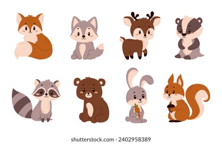 Set of vector forest animals isolated on white background