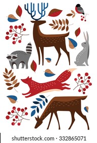 Set Vector Forest Animals. Raccoon, Deer, Fox, Rabbit, Hare, Bullfinch. Winter Forest.