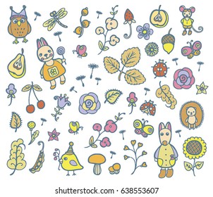 Set of vector forest cartoon icons. You can use it for book, or journal design, children games.