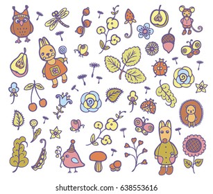 Set of vector forest cartoon icons. You can use it for book, or journal design, children games.