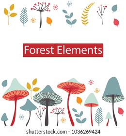 Set of vector forest elements. Mushrooms, berries, leaves and herbs isolated on white background. Cartoon illustration in flat style.