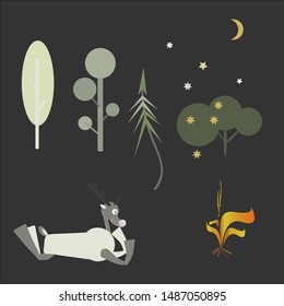 Set of vector forest trees with deer and bonfire. A deer lies by the fire.