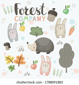 Set of vector forest-themed illustrations with bunnies, hedgehog, trees and other graphic elements in a funny flat cartoon style