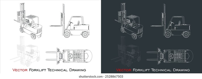 Set Vector forklift line blueprint wireframe technical drawing
