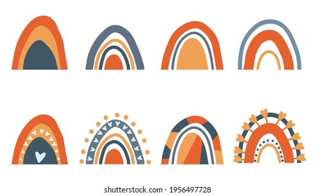 Set of vector four hand-drawn boho rainbows on a white background. Design elements for logo, print, fabric, poster, card, wallpaper, invitation, print, icon, card, cover, bags, case, emblem, label.