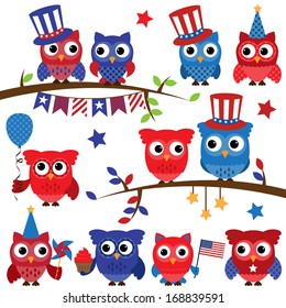 Set of Vector Fourth of July or Patriotic Owls and Branches