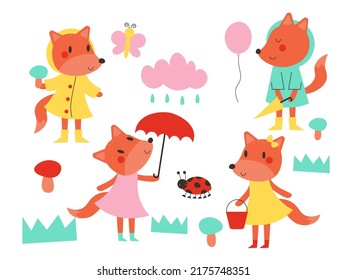 Set of vector fox autumn characters. Cute woodland animals collection. Fall season icons pack for prints, stickers. Funny forest illustration EPS